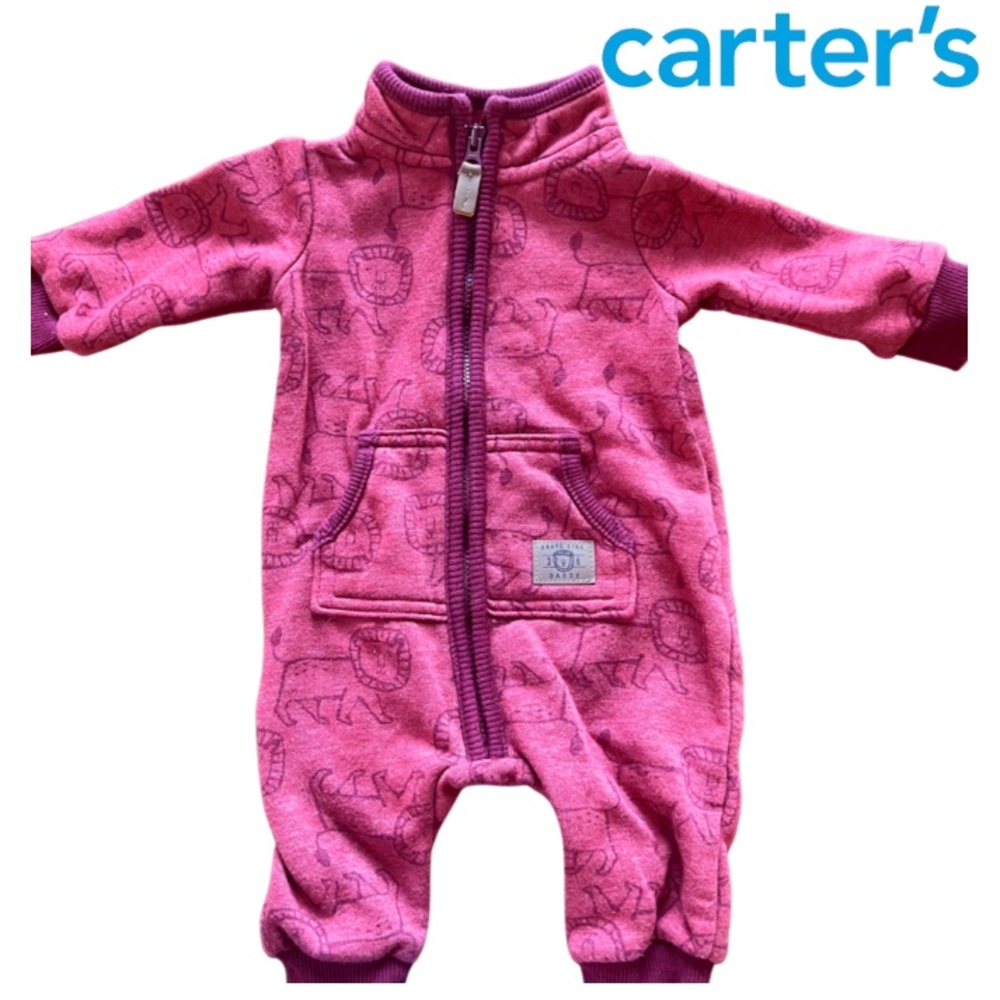 CARTERS LITTLE LION BABY FLEECE ROMPER with ZIP AND FRONT POCKETS  (0-3 months)